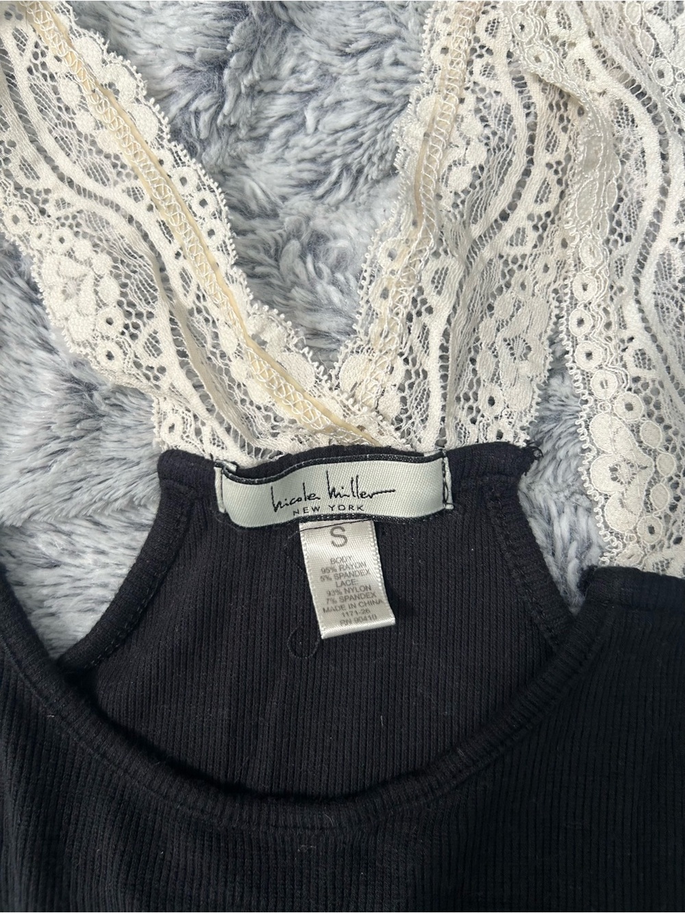 Nicole Miller Black Ribbed Tank with Cream Lace Accents